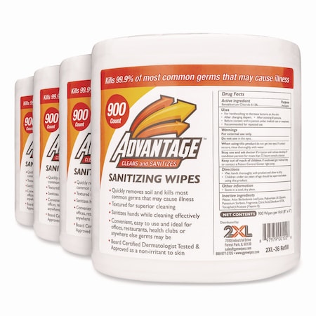 2Xl Gym Wipes Advantage, 6 x 8, White, Unscented, 900/RL, PK4 TXL L36